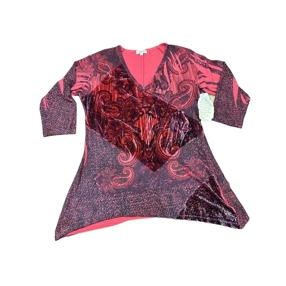 One World Red Paisley Print V-Neck Long Sleeve‎ Tunic Top Size XL NWT